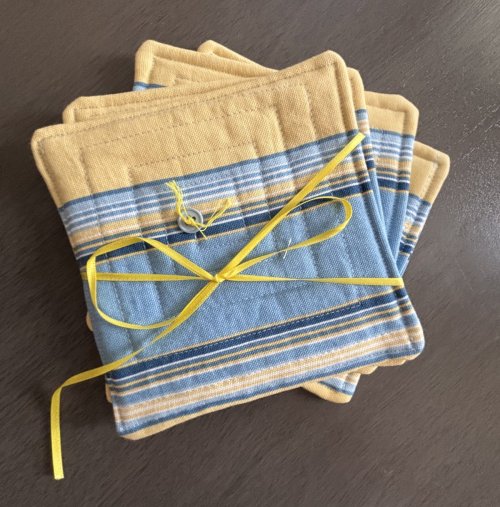 Yellow & Blue Striped Pot Holders, set of 4